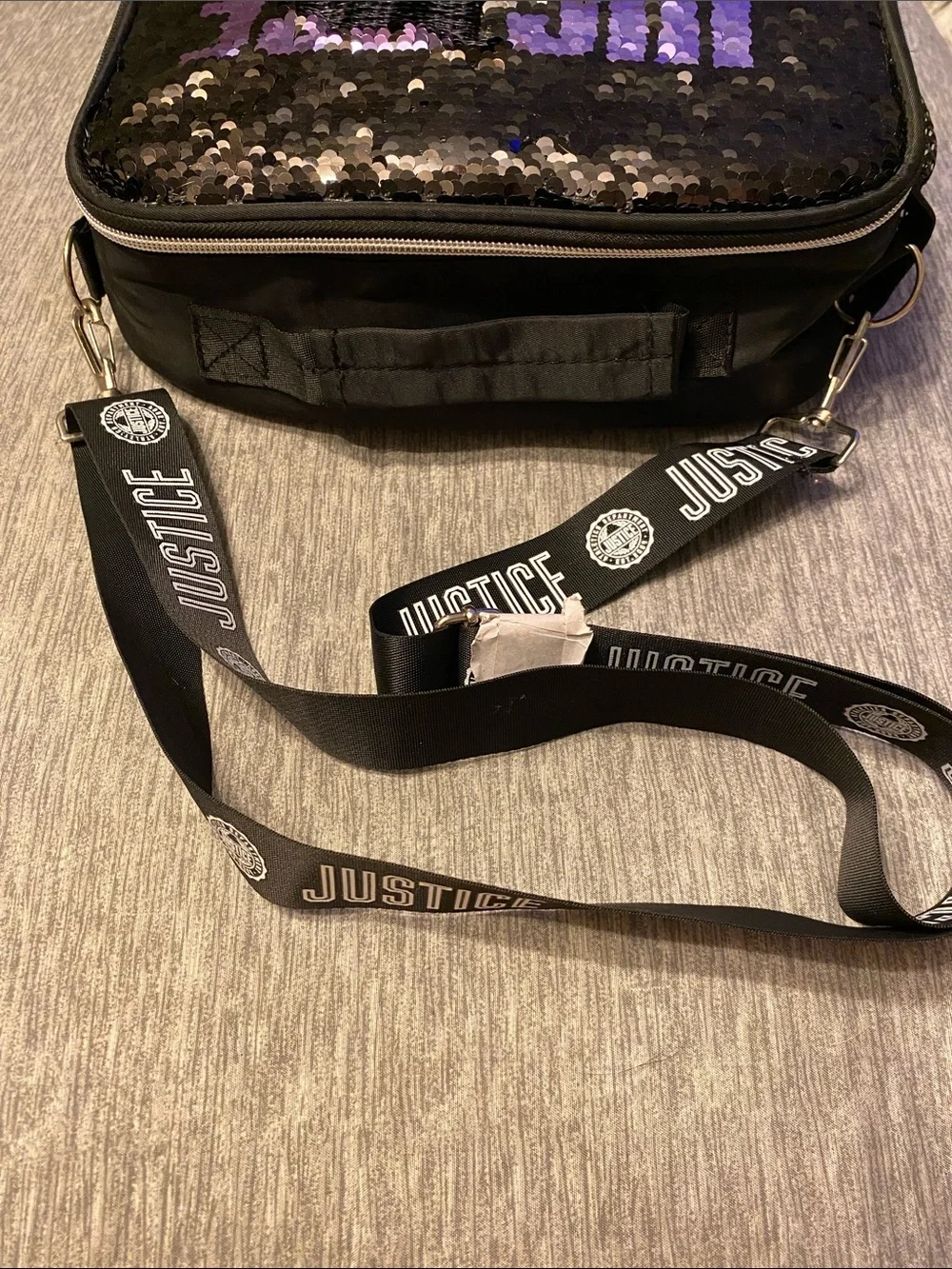 Justice Flip Sequin Lunchbox Tote w/ Crossbody Strap Black Silver & Purple NWOT